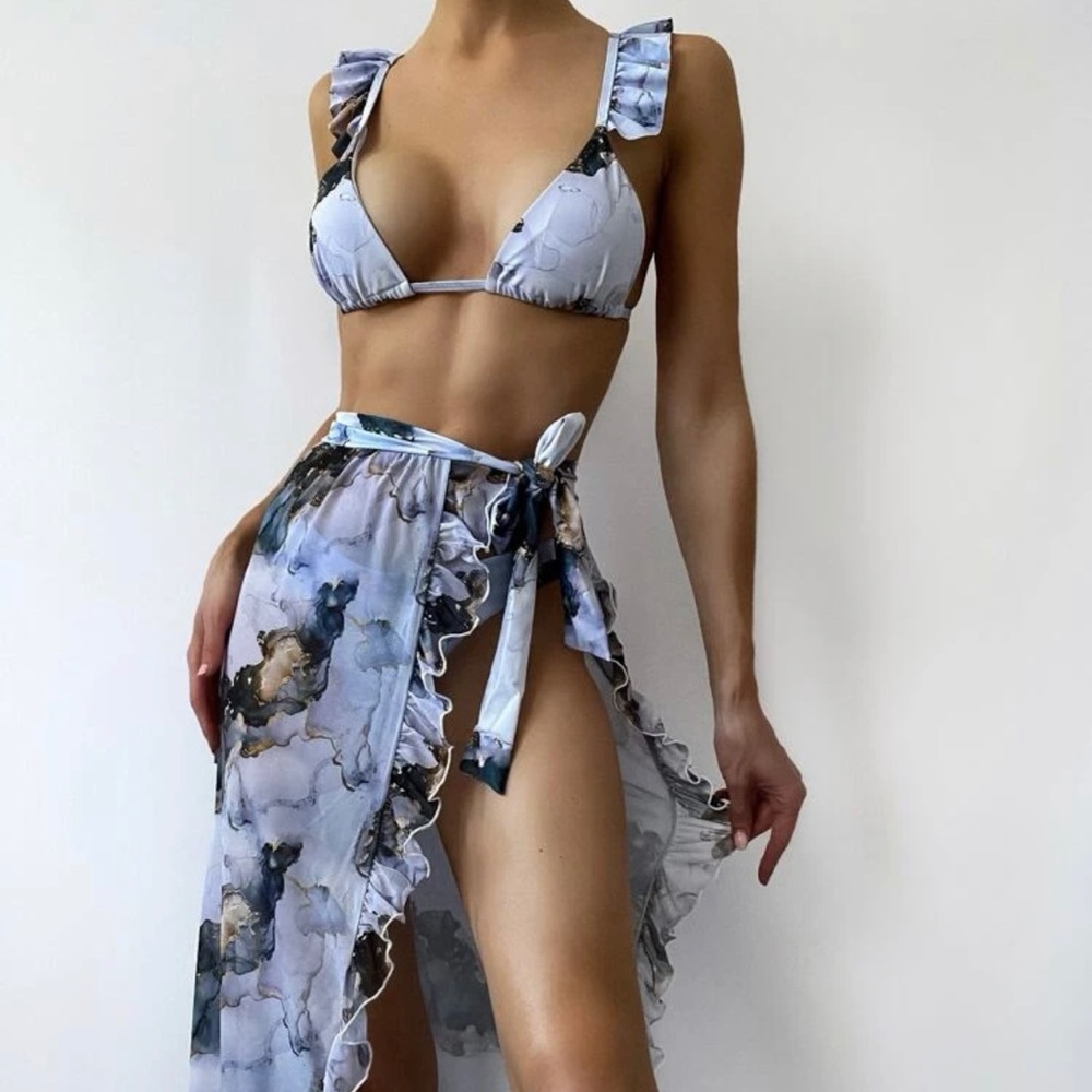 3 piece marble triangle bikini and beach cover skirt